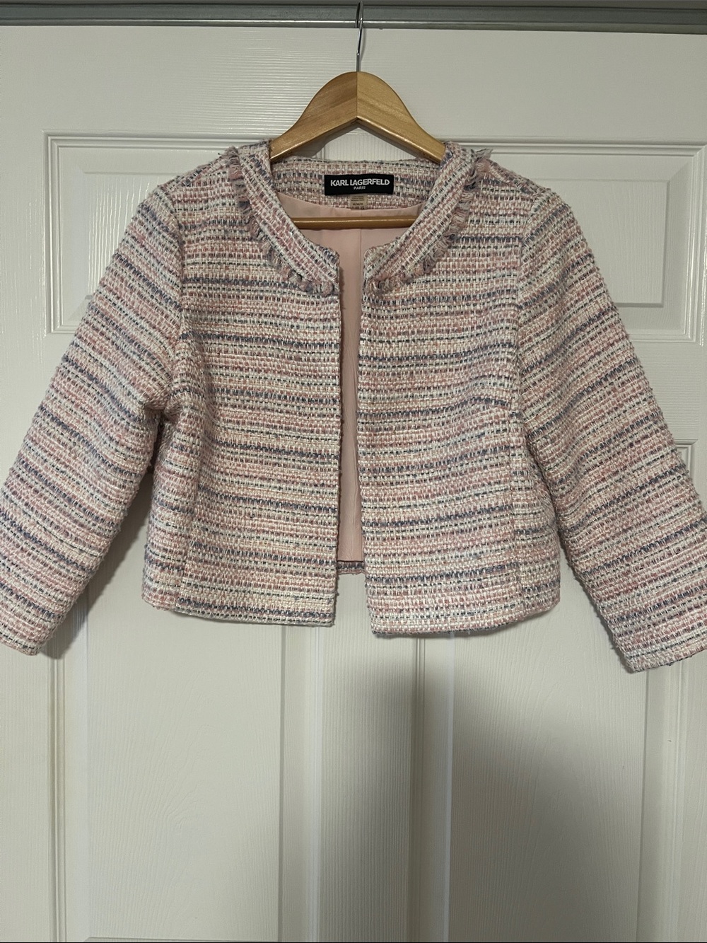 Karl Lagerfeld Pink Multi-Stripe Tweed Cropped Blazer
